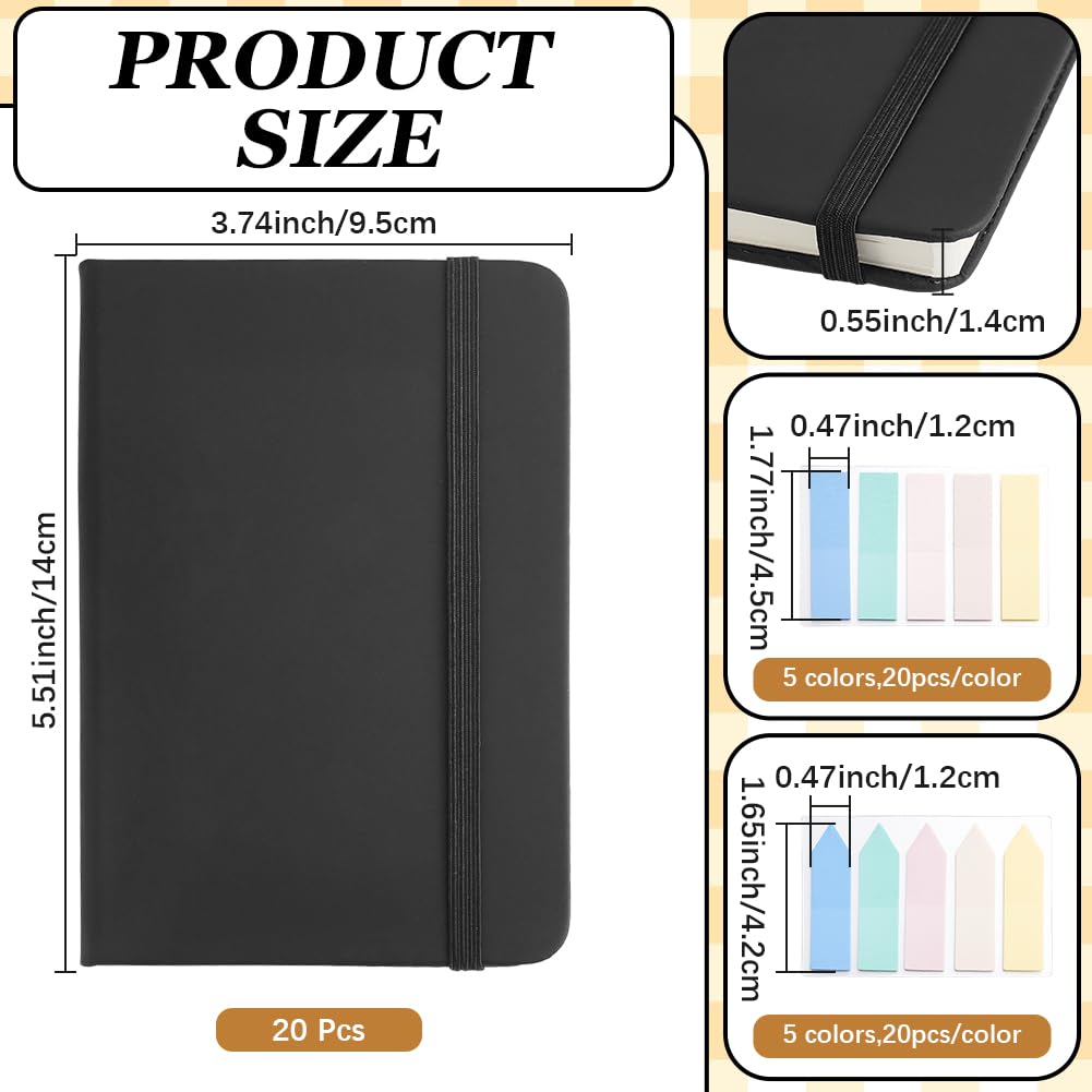 20 Paquete de Bloc de Notas Ejecutivo Pequeño de Tapa Dura A5, Mini Cuaderno de Bolsillo de Cuero Sintético, Diarios con Renglones Anchos, Paquete A Granel con Banda Elástica