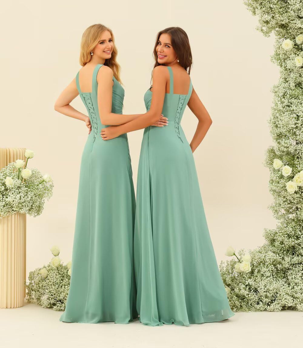 Stylefun Square Neck Bridesmaid Dresses Long with Slit Pleated A Line Chiffon Formal Evening Dress CYM184