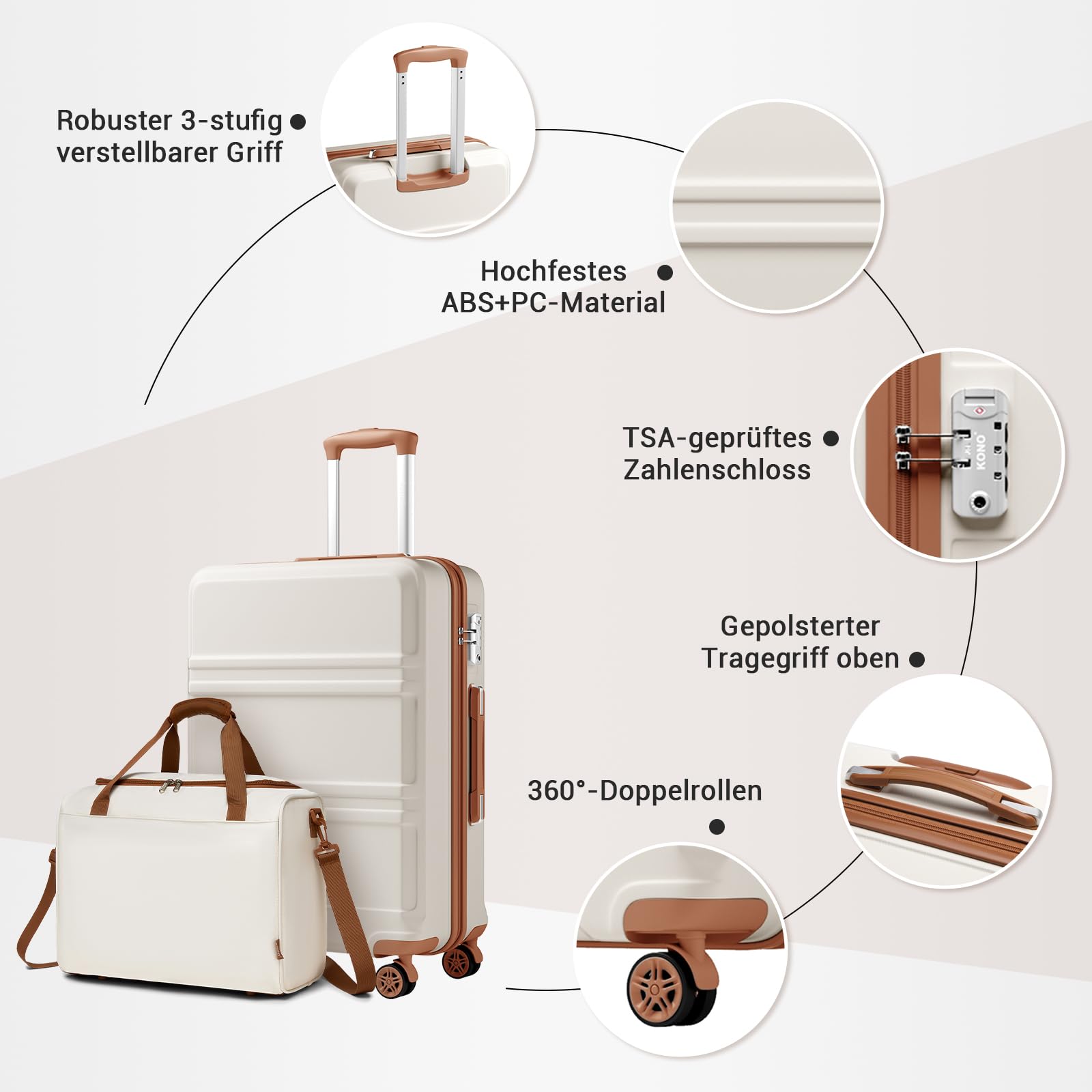 KONO 55cm Handgepäck-Koffer Trolley Set 2-teilig Gepäcksets, Kleiner Koffer mit Rollen, Ryanair Reisetasche 40x30x20cm, Cremeweiß