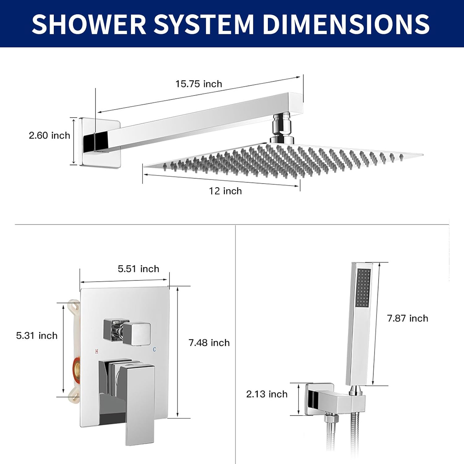 BWE 12 Inch Square Bathroom Luxury Rain Mixer Shower Bundle with Chrome Toilet Paper Holder Wall Mounted Double Post Pivoting Toilet Tissue Holders image 5