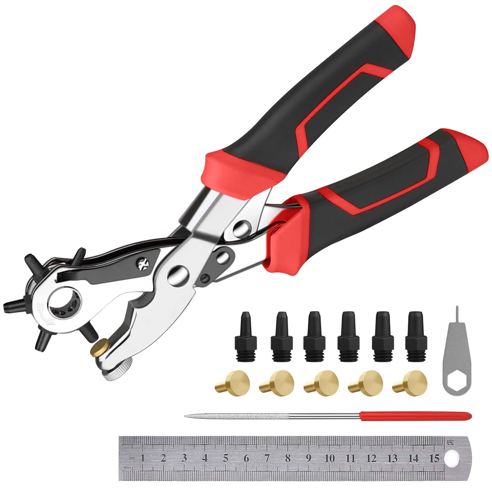 Leather Hole Punch, [Upgraded] Diyife Portable 6 Holes Parallel Bar Belt Hole Puncher Plier Tool for Leather Saddles Shoes Fabric Crafts with Swivel Clasp, 6 Spare Punching Heads & 5 Copper Pads (Red)