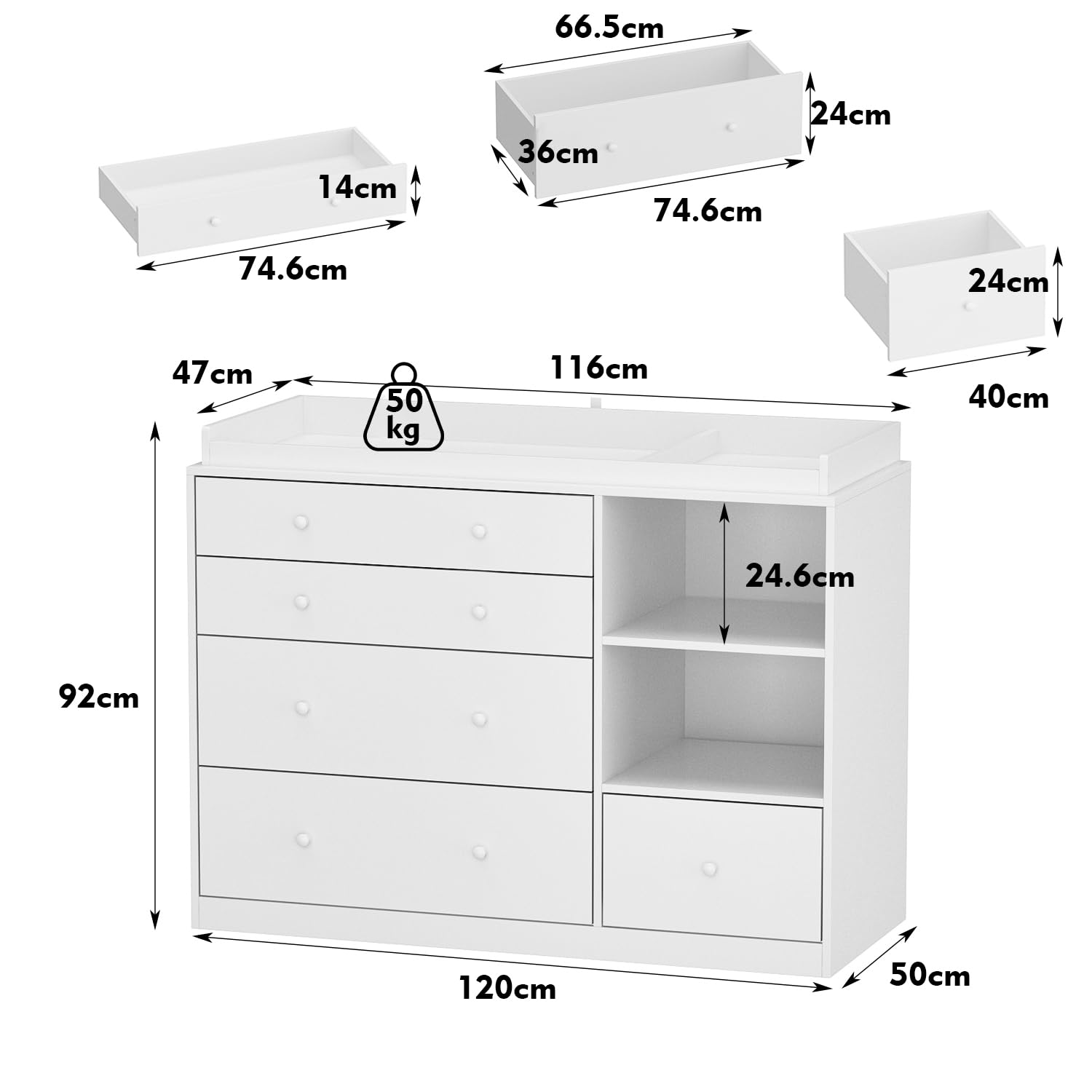 Cambiador, mueble cambiador, estante cambiador con 5 cajones, arcón para bebé, cuidado del bebé, muebles para bebé, cambiadores para habitación de bebé, dormitorio, blanco, MDF