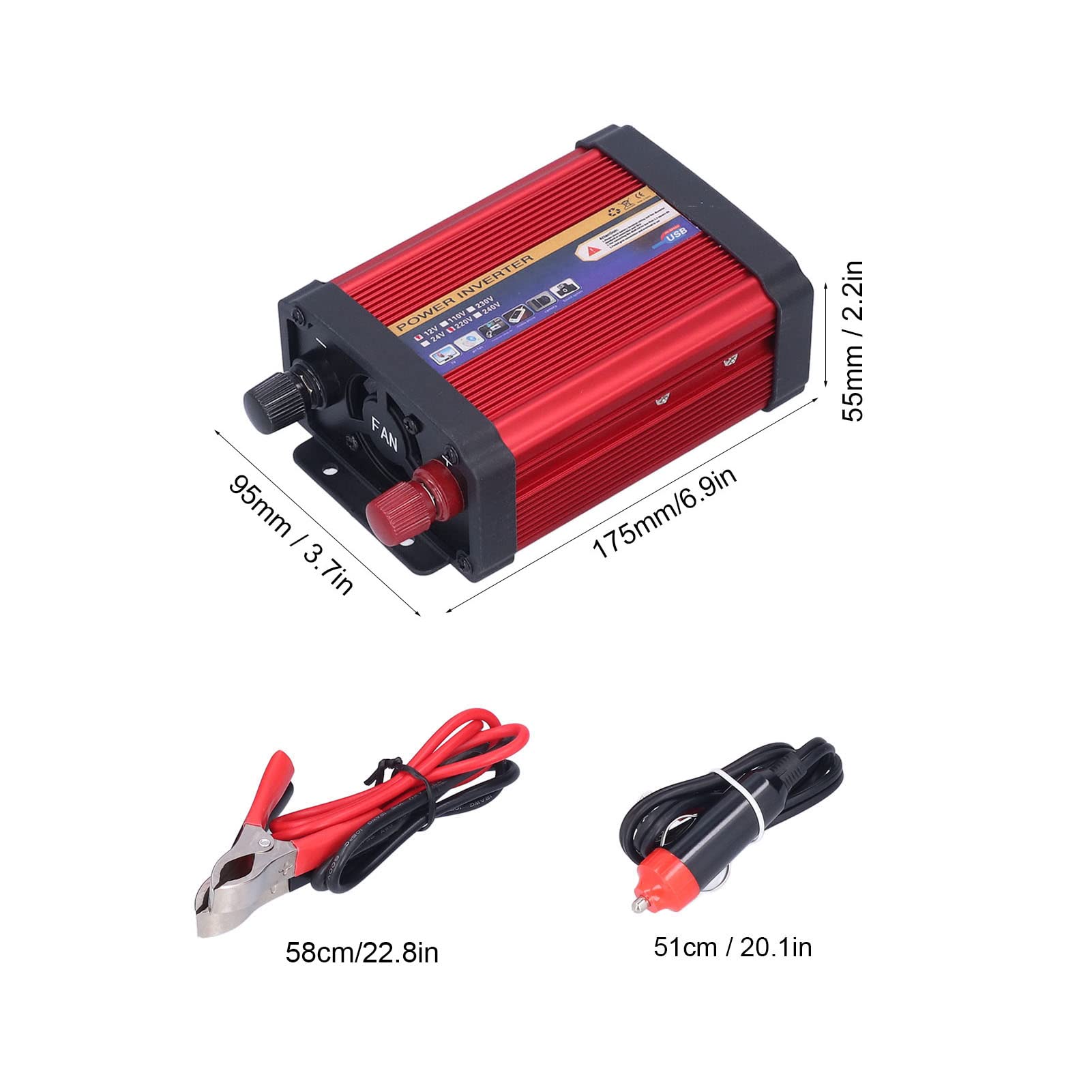 Wechselrichter, modifizierte Sinuswelle, 500 W, Auto-Stromrichter, Zwei USB-Anschlüsse mit Wechselstrom-Steckdose für Urlaub, Camping, Reisen, rote Aluminiumlegierung
