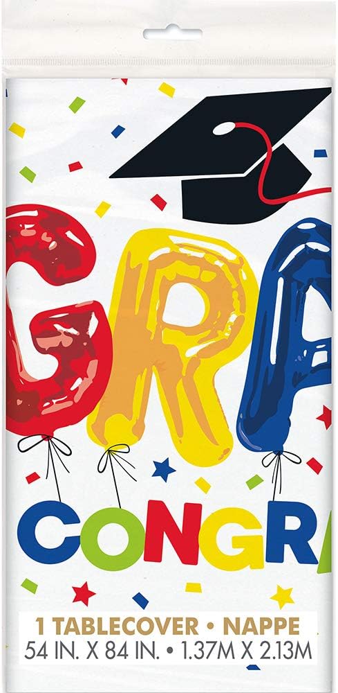 Unique Grad Letter Balloon Rectangular Plastic Table Cover - 54" x 84" (1 Pc) - White Disposable Tablecloth, Perfect Party Supplies for Graduation Celebration