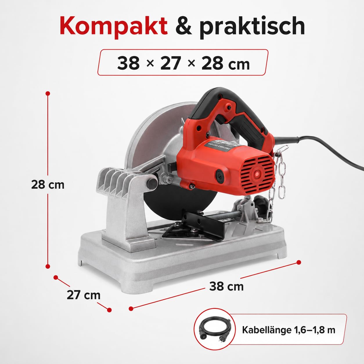 Piła ukośna, 1200 W, maszyna do cięcia metalu 5200 obr./min, brzeszczot 185 mm, kąt cięcia 0-45°, miedź/aluminium/nylon, do drewna i metalu, srebrny/czerwony/czarny