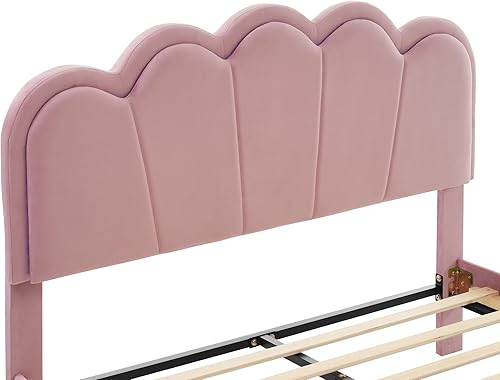 Miniatura 6 de Merax Moderna plataforma de cama tapizada de terciopelo con cabecera con alas LED, no necesita somier, fácil montaje, tamaño Queen, color rosa
