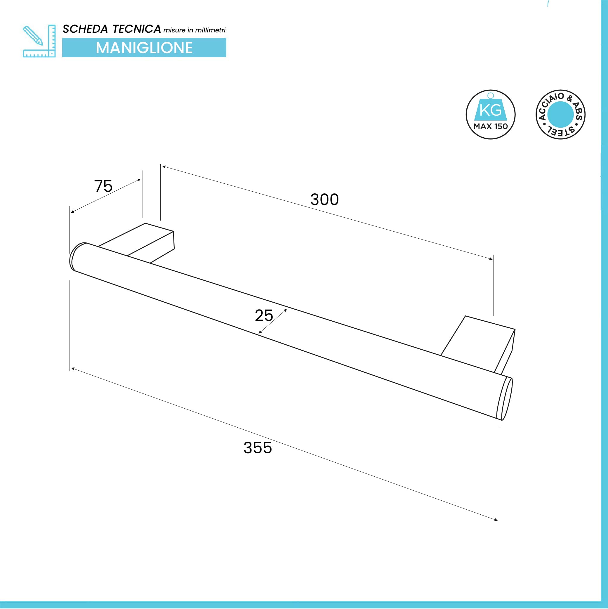 Inbagno Maniglione Bagno Disabili 35,5 Cm, Portata 150 kg, Maniglia Antiscivolo di Sicurezza In Acciaio Inox Cromo, Con Rosoni Quadrati, Per Anziani e Disabili