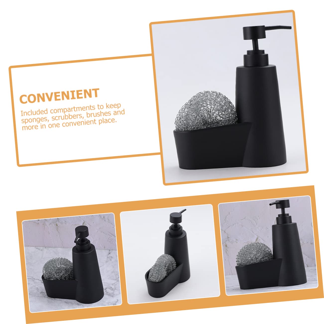 SOLUSTRE Distributeur de avec Porte Éponge pour Évier de Cuisine Distributeur Liquide Pratique Rangement Multifonction pour Cuisine et Salle de Bain Noir