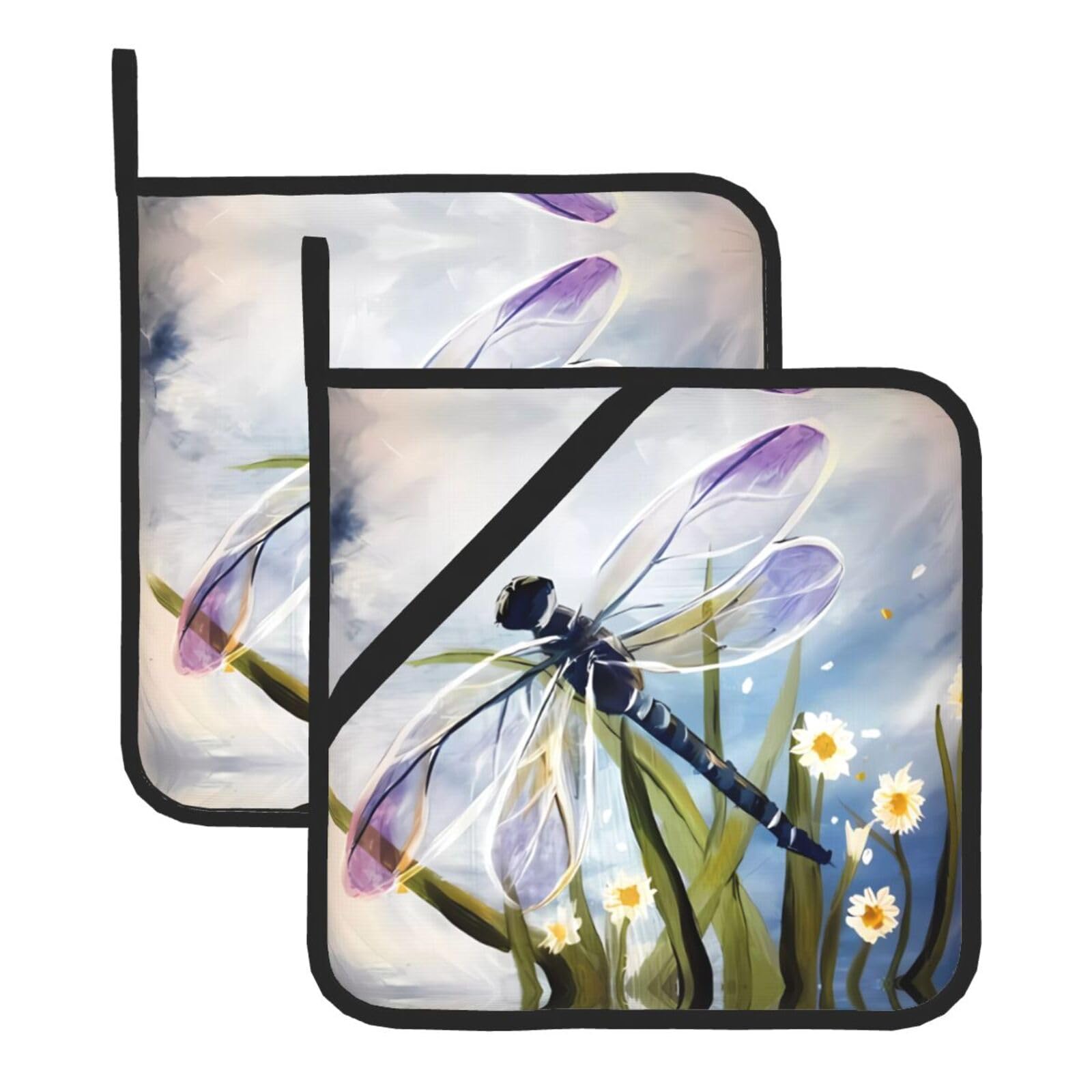 WHJDPP Dragonfly painting Prints Square Hot Pads for Kitchen Counter - Waterproof Pot Holders Set of 2, Heat Resistant Trivets with Pocket & Hanging Loop for Serving, Oven & BBQ