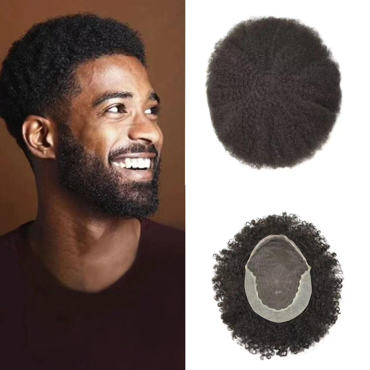 LYRICAL HAIR Afro Curl Toupee for Black Men 8X10 French Lace Front Kinky Curly Human Hair African American Mens Wig Hair System Replacement Natural (Afro Wavy 12mm, #1 Jet Black)
