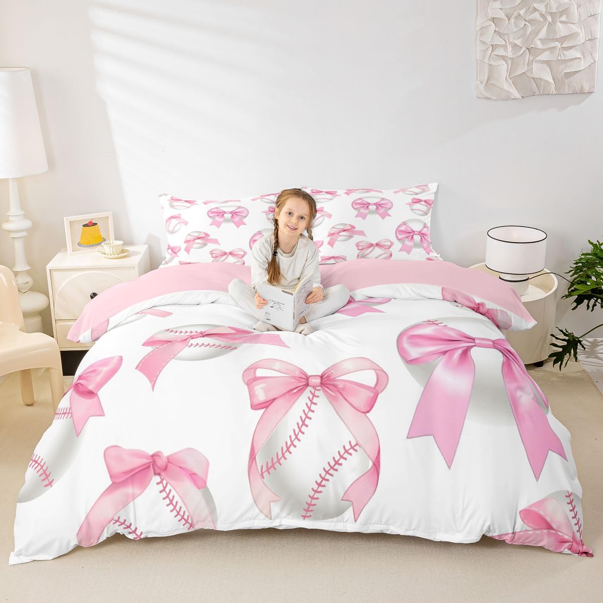 Housse de couette baseball rose et parure de lit 3 pièces imprimée nœud papillon Manfei