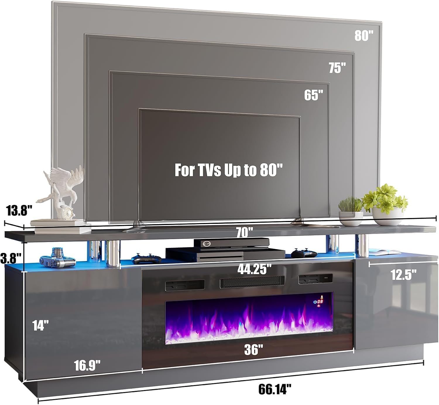 AMERLIFE 3 Piece High Gloss Living Room Table Set, Includes 70" 2-Tier TV Stand with 36" Fireplace, 40" Wide Electroplated Coffee Table, Modern Entertainment Center Console for TVs up to 80", Gray