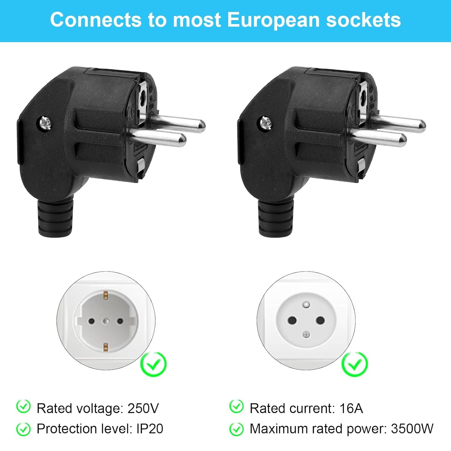 3 wtyczki Schuko, wtyki wtykowe z zestykiem ochronnym, wtyczka z zestykiem ochronnym, trwała i odporna na pękanie, wtyczka euro do kabli 8-10 mm, 250 V, 16 A