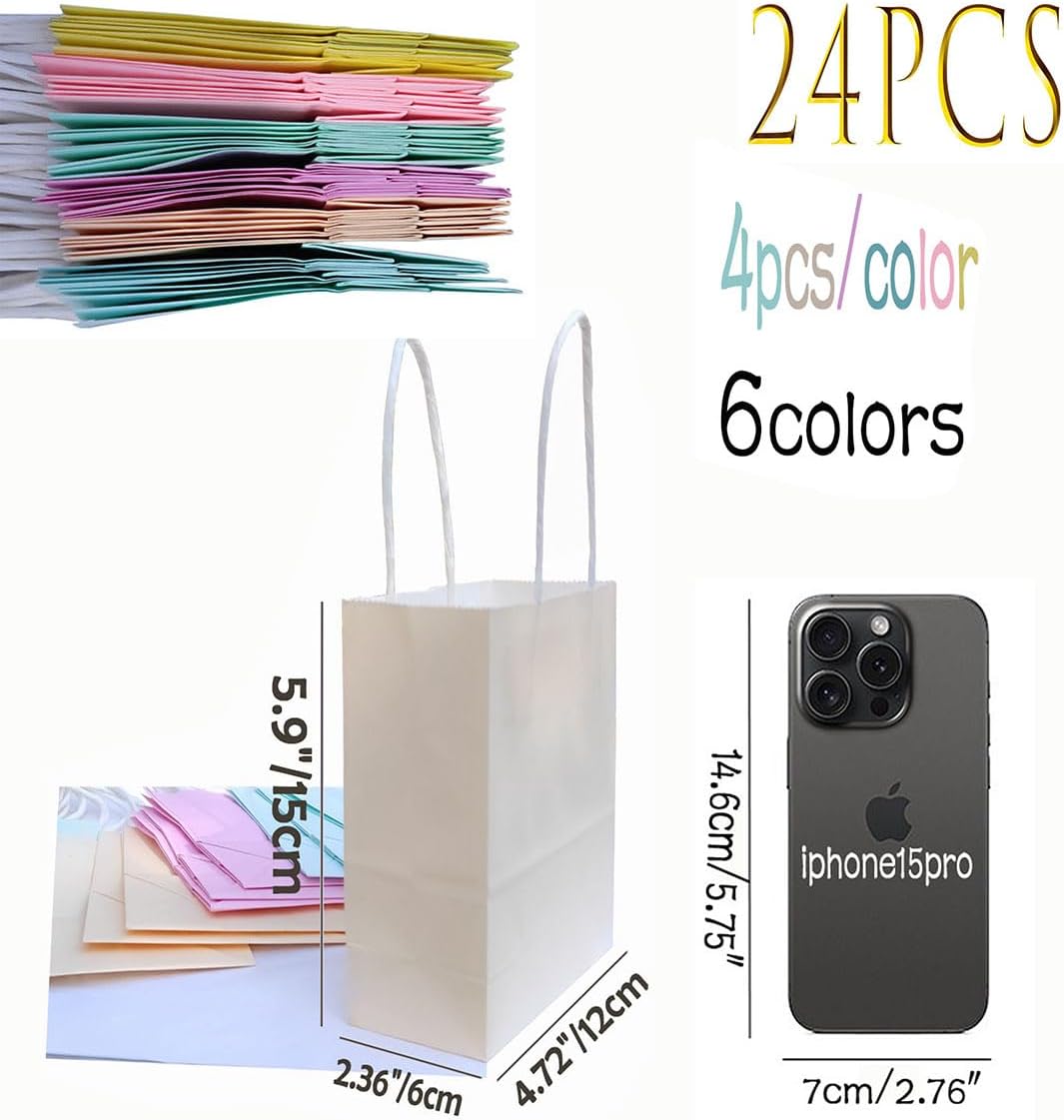 ACKJGGG 24Pcs Mini Party Gift Paper Bag Pastel 2.4x5.9x4.7 Inch Portable Candy Bags Birthday Multicolor Treat Kraft Favor Sweet Goody Bags with Handles for Wedding Size Very Small - Image 2