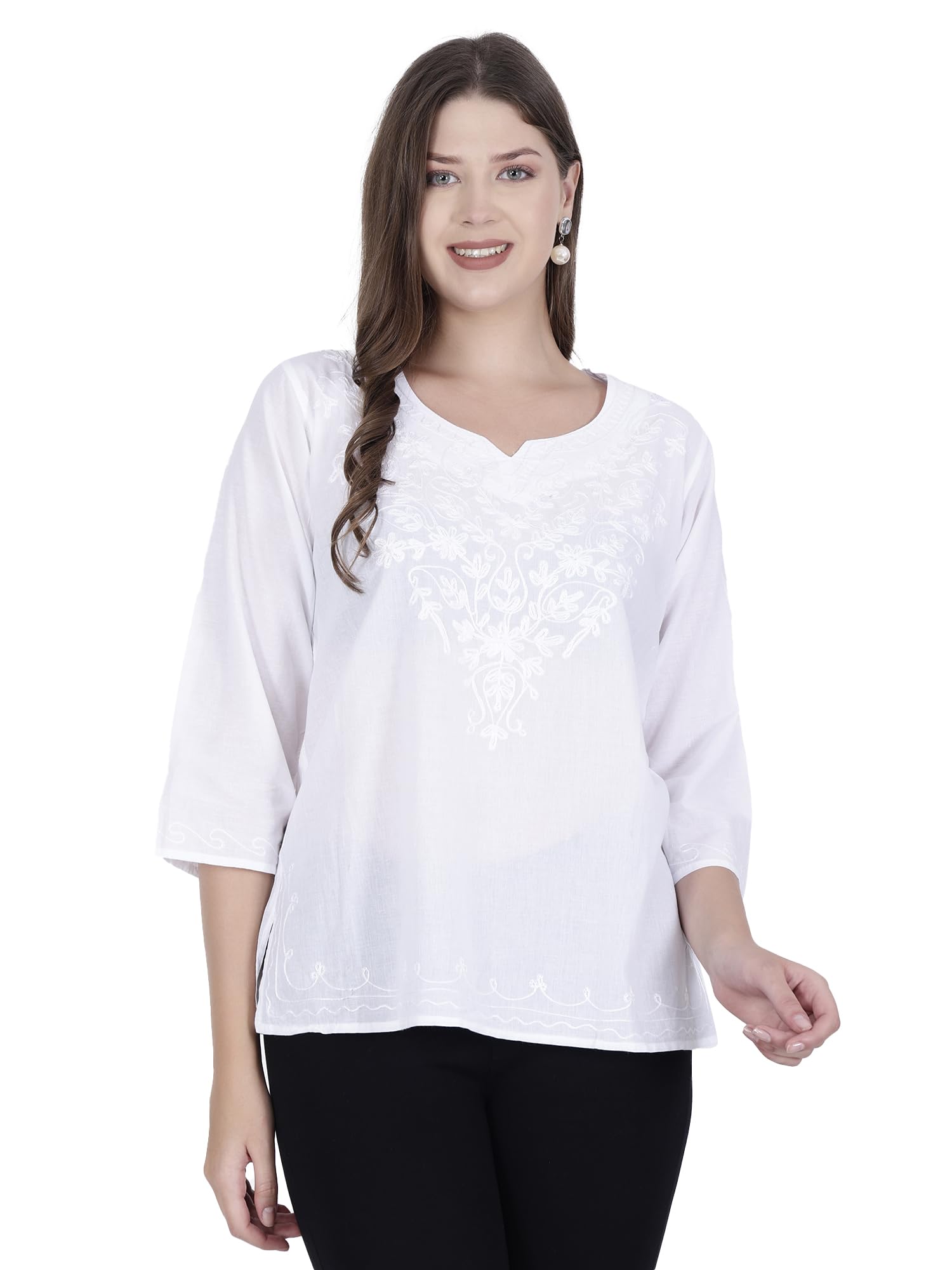 ukal Hand Embroidered Fashion Top 3/4 Sleeves Cotton Tunic/Summer Short Ethnic Chikan Kurti Top/Boho Short Ethnic Dress for Women's and Girl's-picture-54