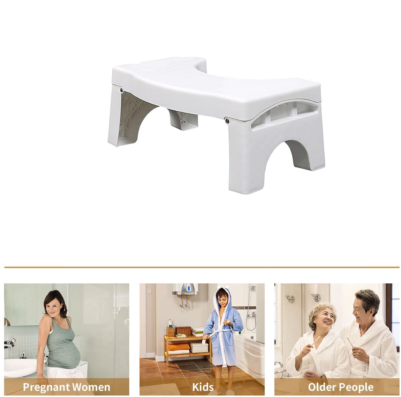 DMCE Sgabello da toilette da bagno antiscivolo, altezza 17,8 cm, pieghevole, portatile, per bambini adulti, bianco, 41 x 25 x 17,5 cm