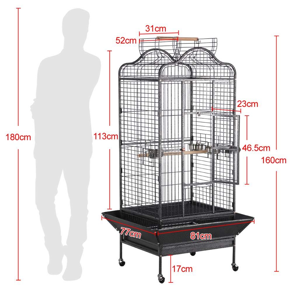 Yaheetech Vogelvoliere Vogelkäfig groß, Papageienkäfig mit 2 Holzstangen und 3 Futternäpfe, Vogelhaus Voliere mit Rollen, 81 x 77x 160 cm
