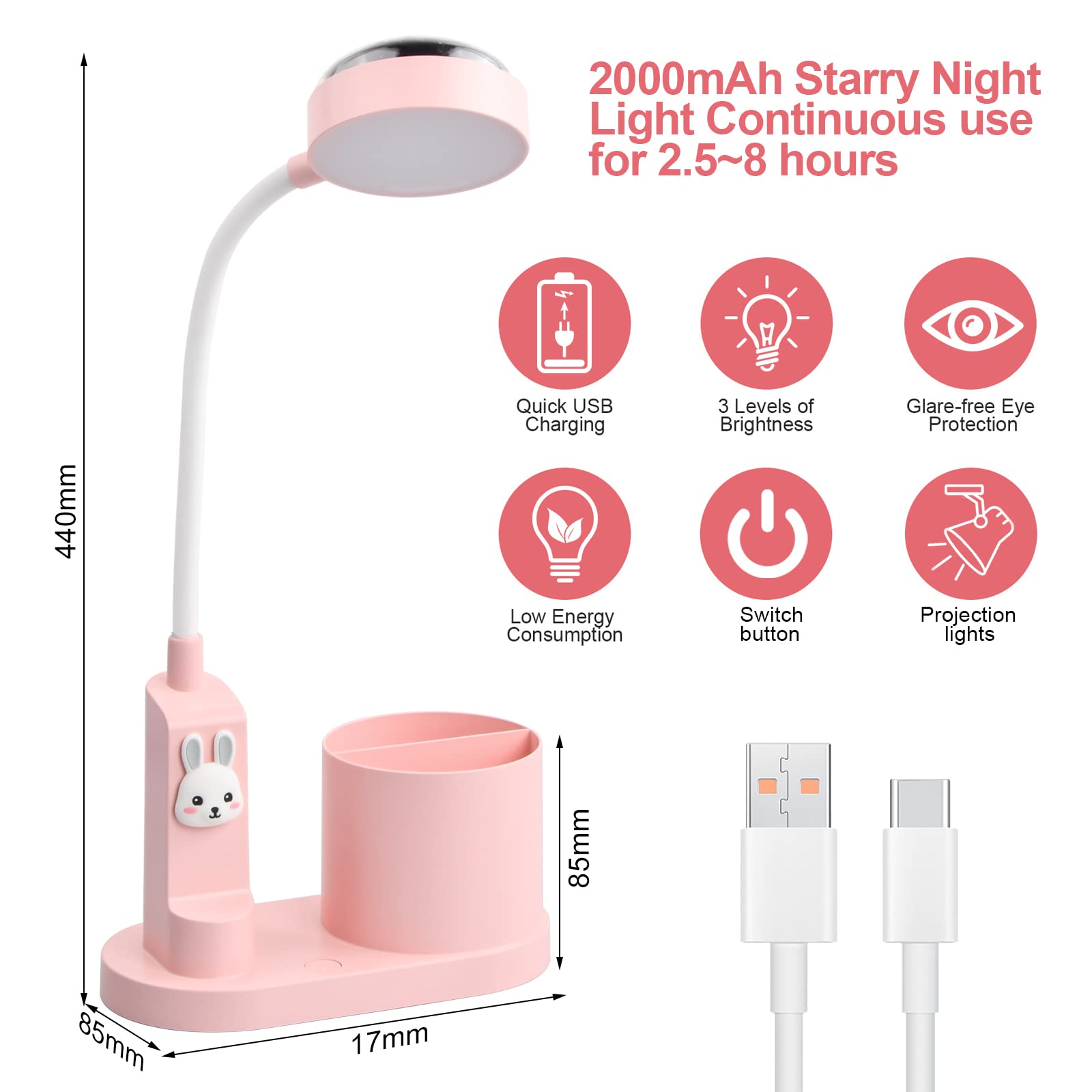 LED Table Lamp with Projection & Pen Holder, Rechargeable Desk Lamp - Image 2
