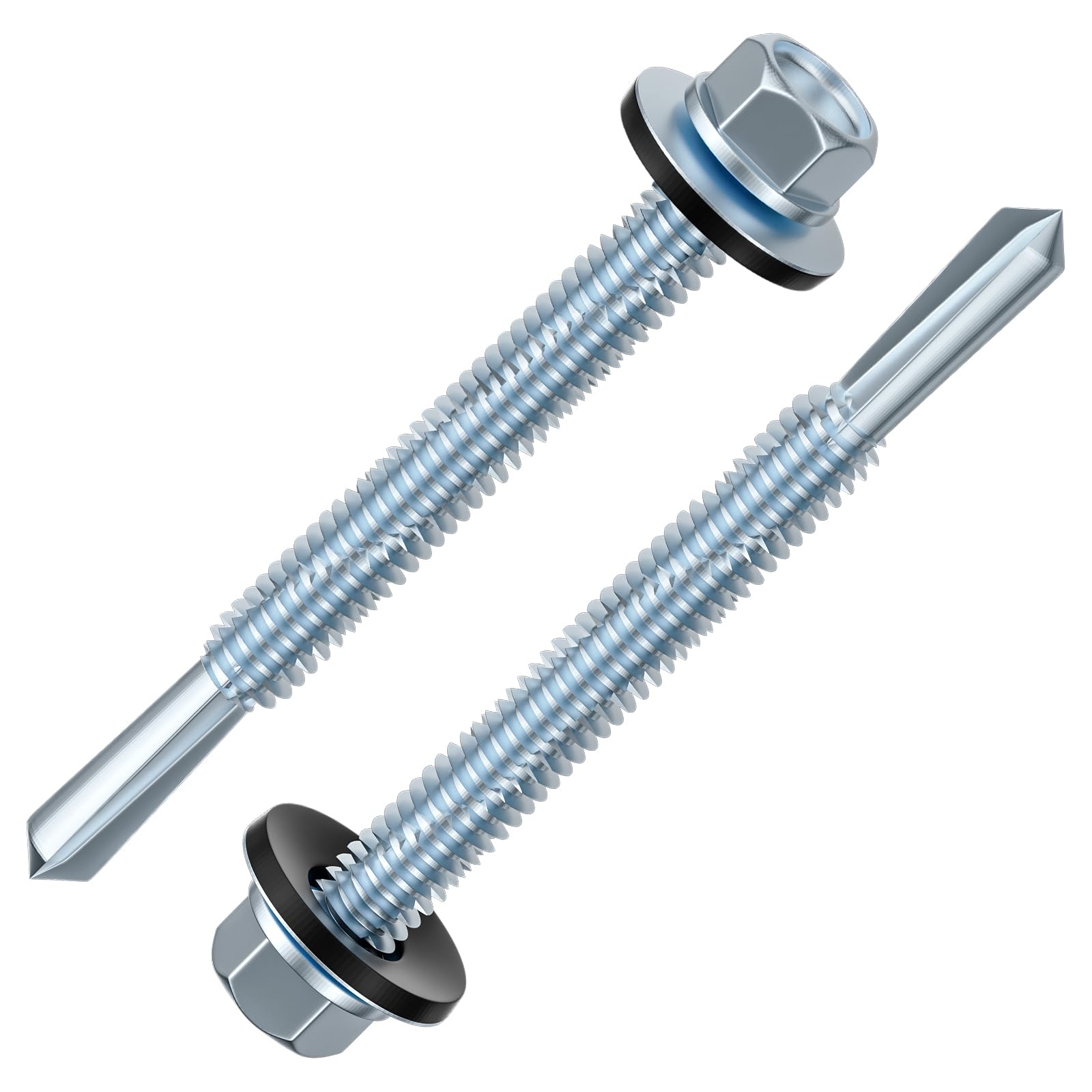 Wensilon (100pcs) #12X2 Extended Hexagonal self-Tapping zinc-Plated Screws with Rubber washers,10mm Steel Plate can be drilled