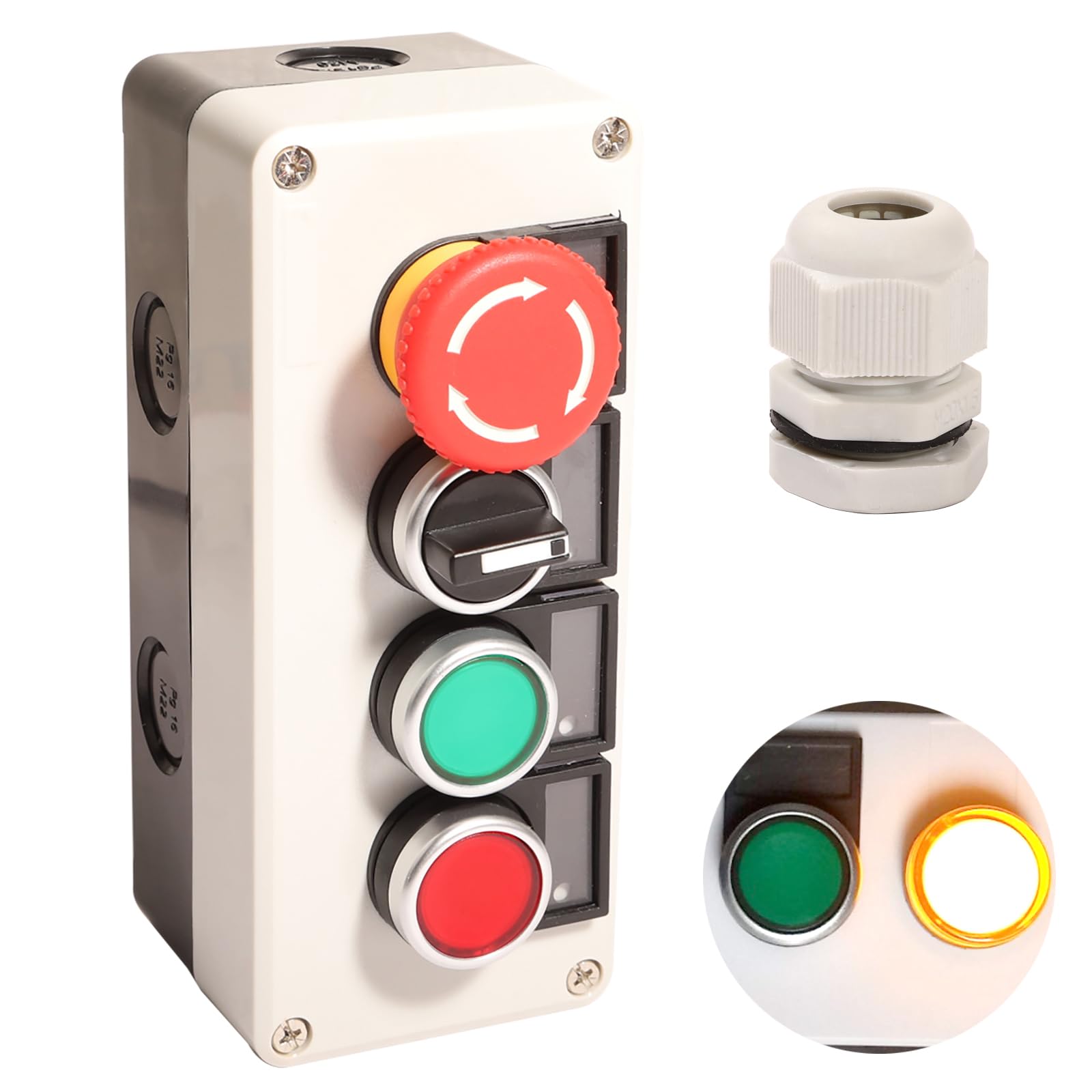Shengbowi Push Button Control Station Emergency Stop 22mm Momentary Red Green Switch 10A Rotary Selector Industrial Use Switch Mushroom Latching 4