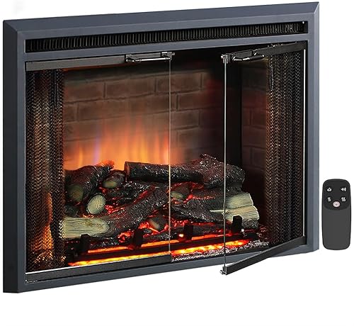 Vista 22 de PuraFlame Klaus - Chimenea eléctrica con sonido del fuego que arde, puerta de vidrio y pantalla de malla 750/1500 W, color negro