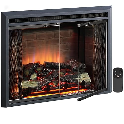 PuraFlame Klaus Electric Fireplace Insert with Fire Crackling Sound, Glass Door and Mesh Screen, 750/1500W, Black, 29 15/16 Inches Wide, 23 3/16 Inches High