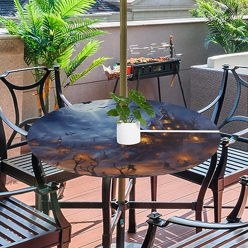 cfpolar Halloween Witch Bats House Outdoor Round Fitted Tablecloth with Elastic Edge, Waterproof Table Cover with Umbrella Hole Table Cloth, for Party Family Dining Fits 45-56 in Diameter Table