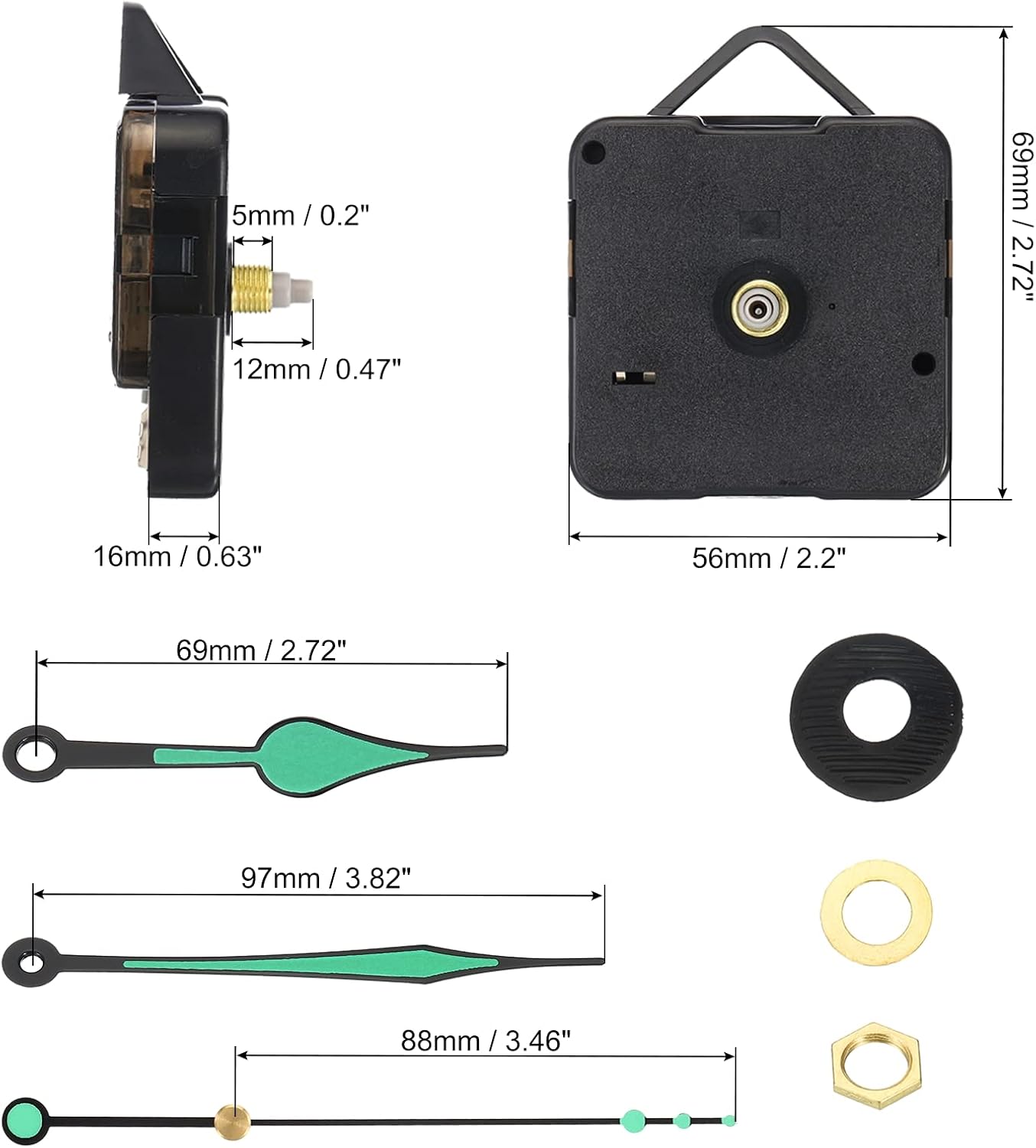 PATIKIL Clock Mechanism Replacement, 2 Pcs Quartz Clock Mechanism Battery Operated DIY Hanging Wall Clock Hands Motor Movement Kit Repair Parts, Green