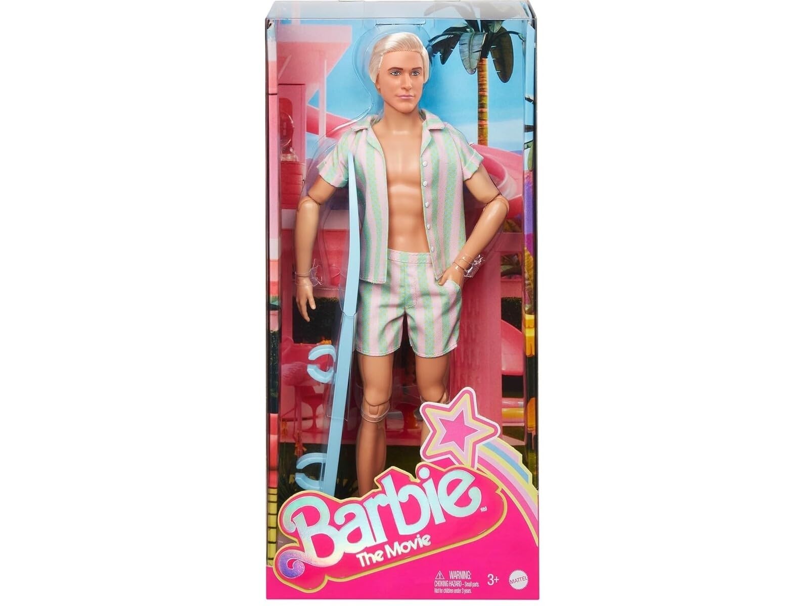 Barbie Il Film - Ken Giorno Perfetto, bambola con completo da spiaggia a righe rosa e verde pastello, tavola da surf e sneaker bianche incluse, giocattolo per bambini, 3+ anni, JBJ54