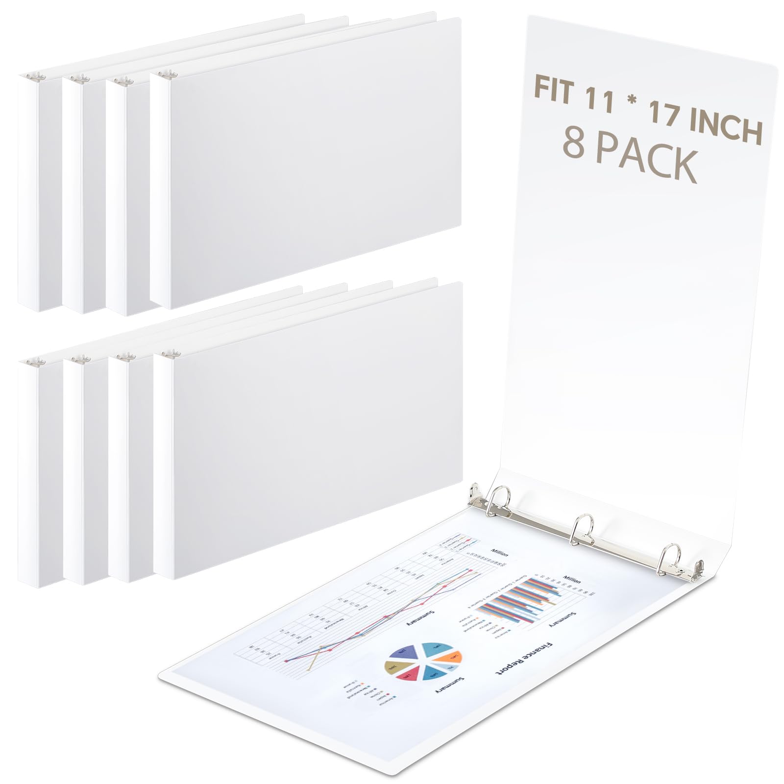 8 pcs 3 ring binders rings heavy duty view d ring binders economy holds 11" x 17" paper for artwork blueprints, office, home, work places(white,1.5 inch)