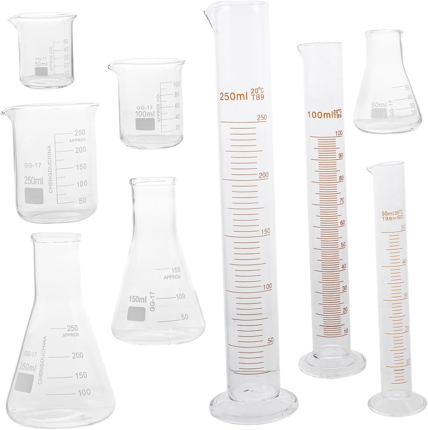 Zerodeko 9pcs Glass Laboratory Tool Graduated Cylinder Beakers Conical Flasks Accurate Measurement for Chemistry Experiments High Resistant Material