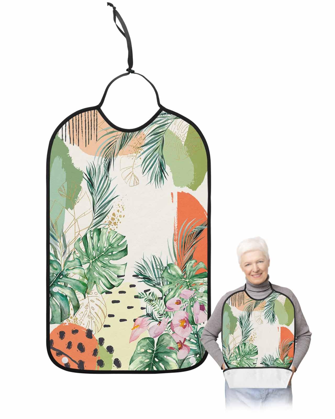 LEOKOTI Summer Botanical Adult Bibs for Eating, Waterproof Bibs with Food Catcher & Adjustable Snap Closure, Boho Palm Leaves Geometric Abstract Washable Clothing Protectors Adult Bibs for Elderly