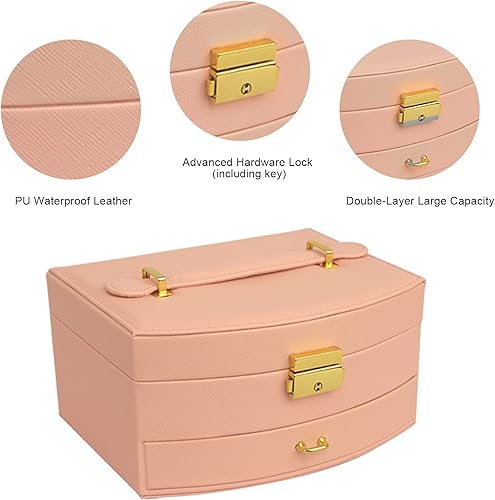 Miniatura 5 de U-D Cajas organizadoras de joyas para mujer, 2 capas, con bandeja desmontable y cajón (rosa)