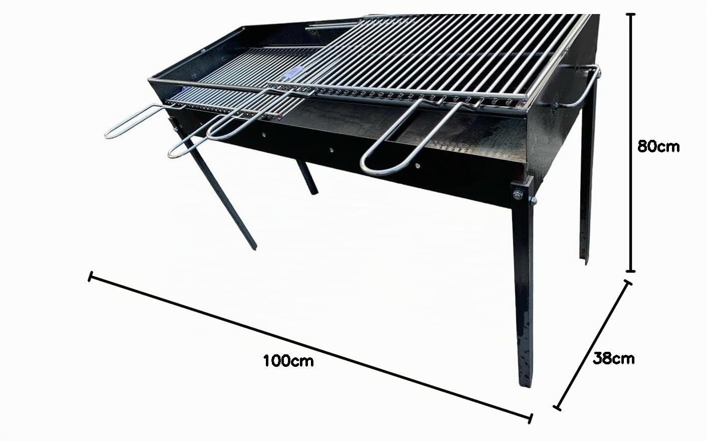 Barbecue in Ferro con 2 Griglie in Acciaio,Artigianale, Regolabile in 2 Altezze 100x38 cm, Piedi Estraibili, Portatile per Esterni