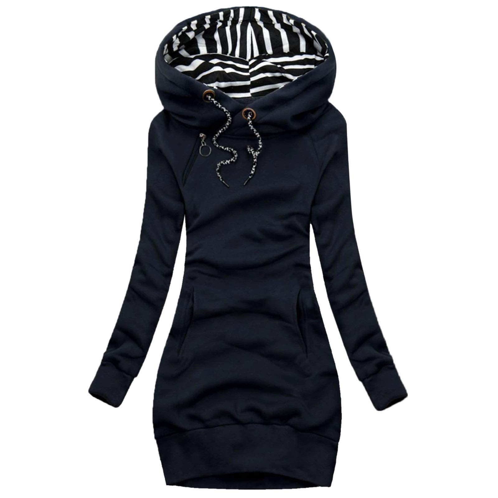 Rękaw długa kieszeń jednolity golf top damska bluza w paski moda damska płaszcz z kapturem płaszcz, granatowy, XXL