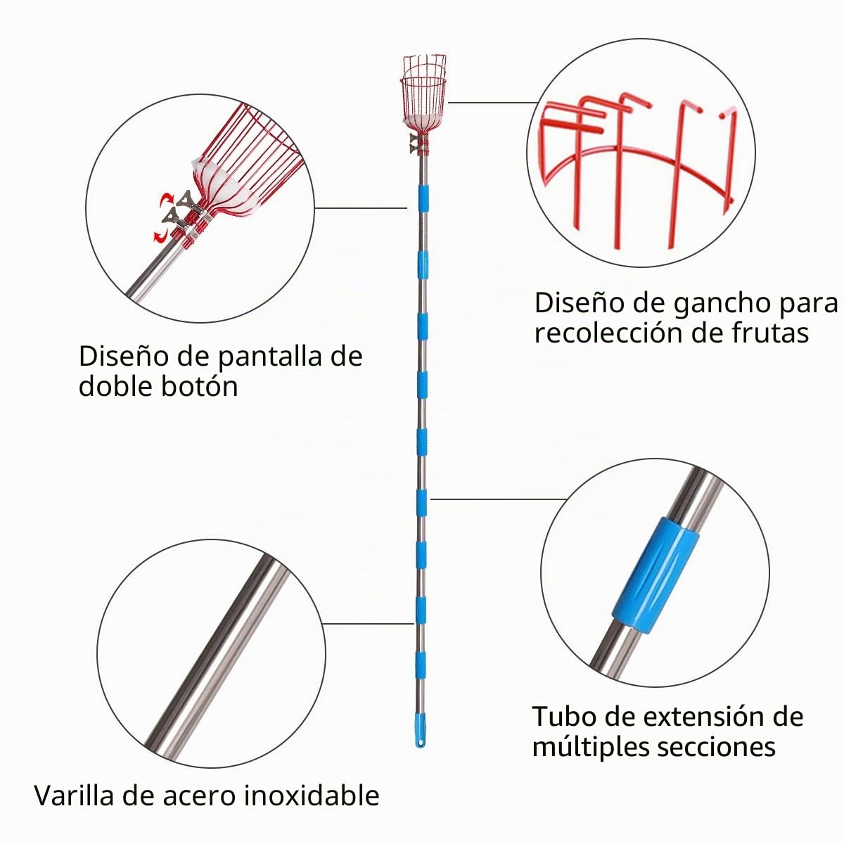 Recogedor de fruta Palo Para Recoger Frutas con 4M Poste de extensión Recogefrutas Pinzas extensibles para jardinería con Cesta picadora de Frutas con Barra telescópica de Aluminio Ligero Y bolsa