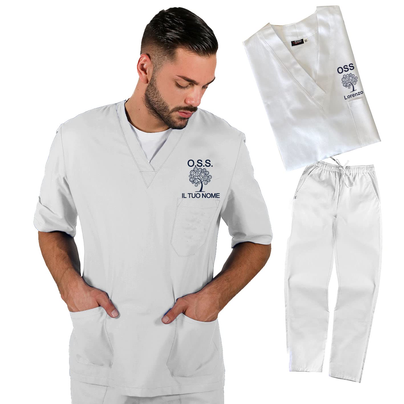 TCD DIVISA OSS opérateur membre de la santé, veste et pantalon UNISEX en coton Sanforisé - IMPRIMÉ AVEC DESSIN, NOM ET MANSION, Blanc Arbre de Vie Bleu, M