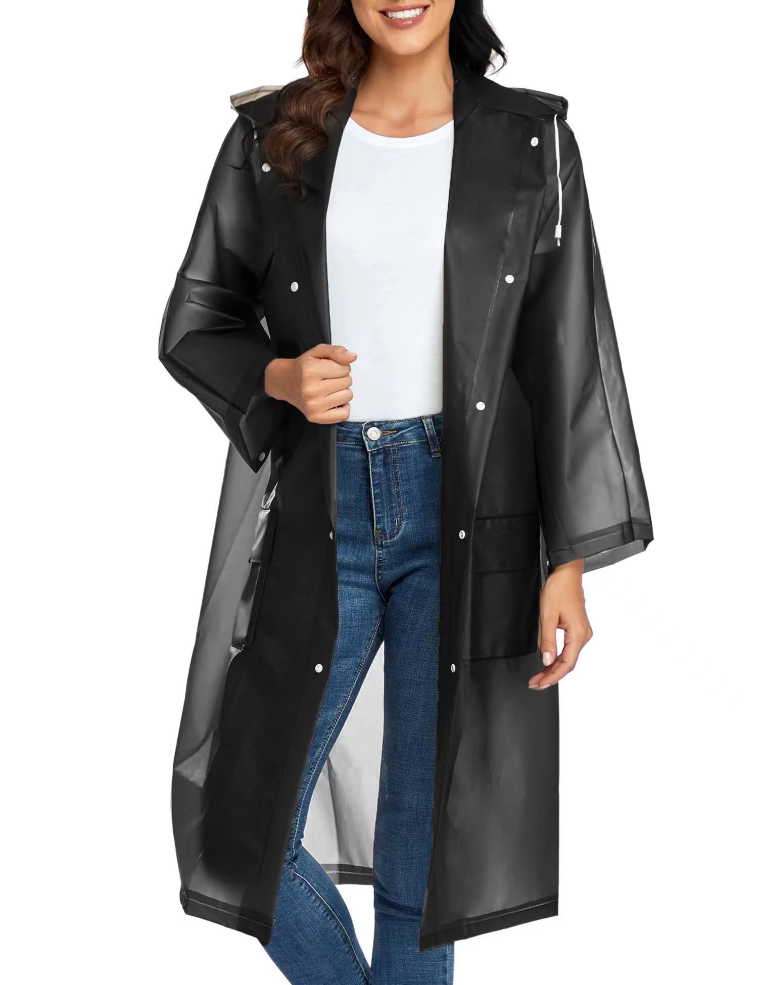 Reusable EVA Rain Poncho for Adults, Unisex Men and Women Hooded Long Clear Raincoat, Black, L