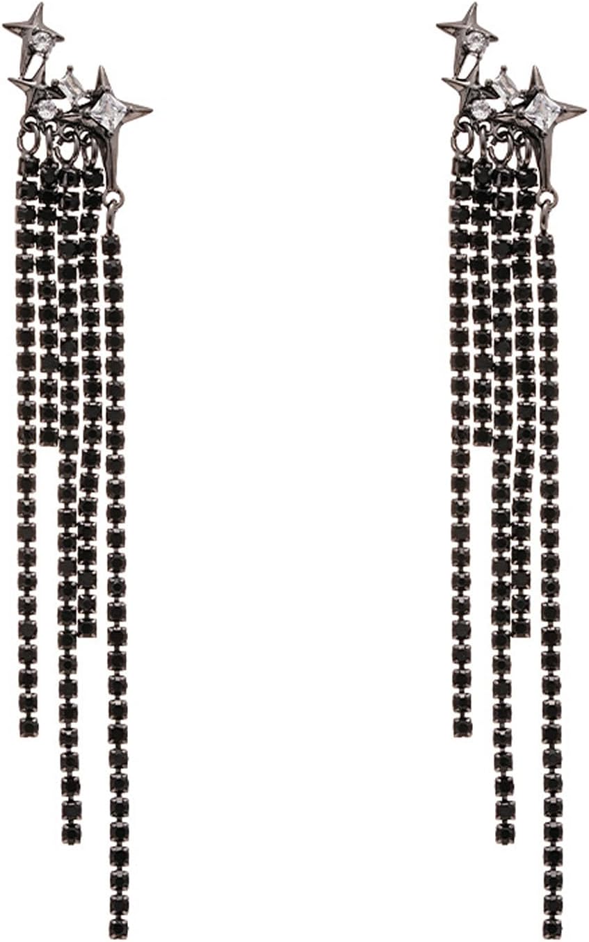 Long Rhinestone Tassel Dangle Earrings for Women,Sparkly Black Crystal Hollow Star Drop Earrings,Trendy Punk Jewelry Party Dress Accessories - Image 8