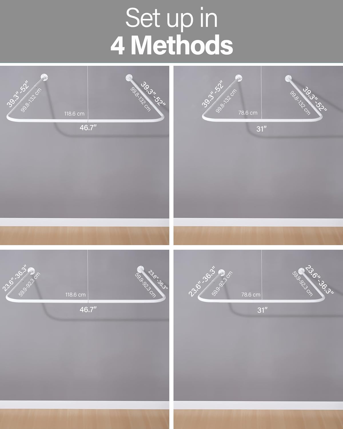 U Shaped Shower Curtain Rod Coffee, [Both Sides: 23.6"-52", Middle: 31"-47"] Adjustable U Shape Outdoor Shower Rod No-Sagging Curtain Pole for Bathroom Bathtub with 12 Hooks & Ceiling Support