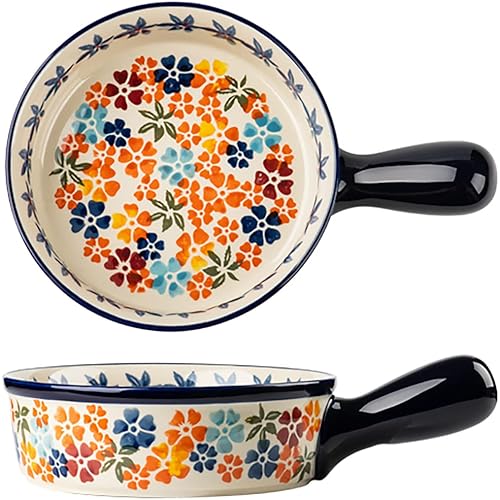 Colorful Cherry Blossom Flowers Vintage Style Ceramic Bakeware Dish Casserole Dish Baking Pan Lasagna Pans with Handles for Oven/Cooking/Kitchen, 1 PCS, 20 oz