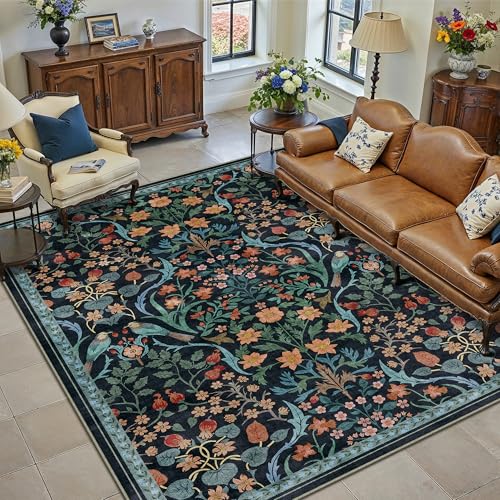 PureCozy Tappeto Salotto 160x230cm Floreale Pelo Corto Antiscivolo Morbido Retro Lavabile Tappeti per Cucina Corridoio Piedi Del Letto Camera Da Letto Salotto Blu Rug
