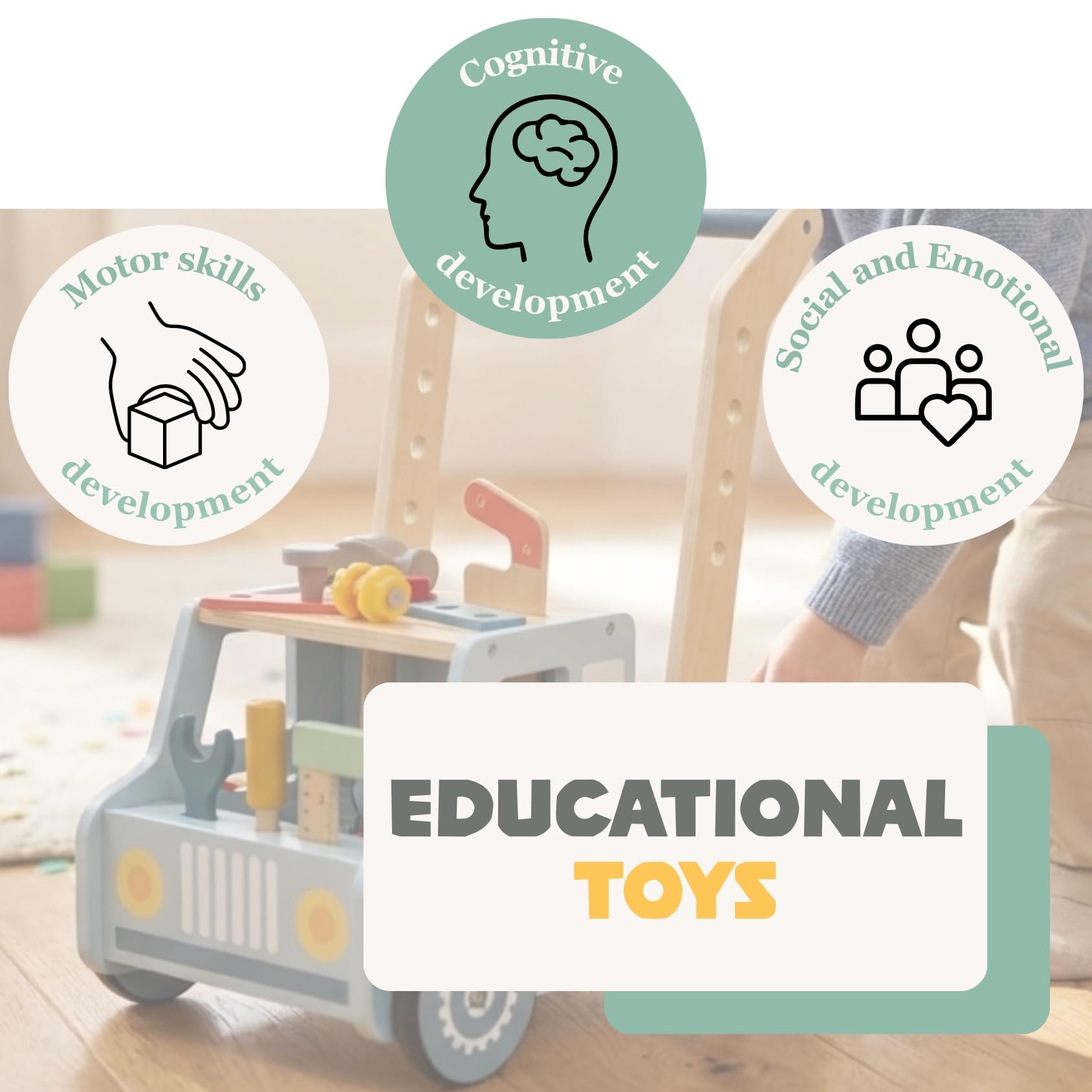 TOOKY TOY Wózek spacerowy z drewnianym stołem warsztatowym FSC - Chodzik dla dzieci z narzędziami i akcesoriami, edukacyjna zabawka montessori, rozwija zdolności motoryczne, poznawcze i społeczne