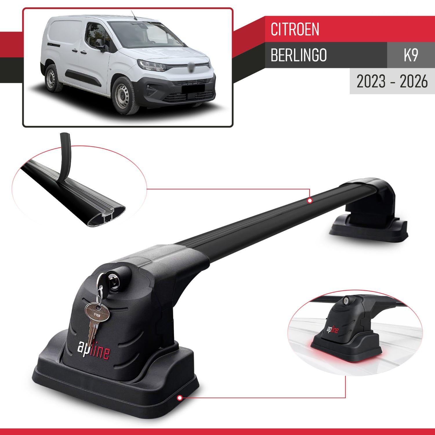 Kompatybilny z Citroen Berlingo 2023-2026 ACE-3 Model Aluminiowy bagażnik dachowy 2 poprzeczki, czarne