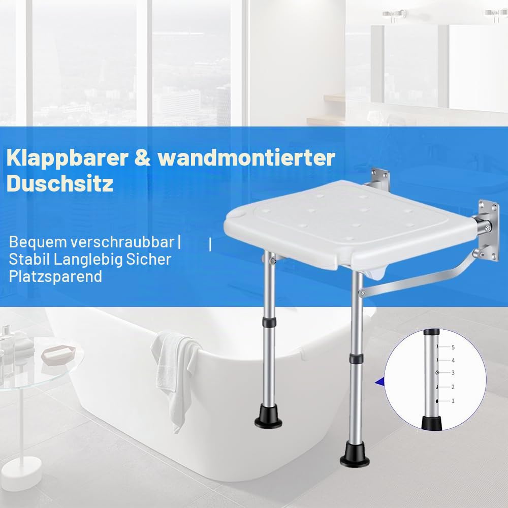 Zusammenklappbarer Duschhocker, Wandmontage, verschraubter Badhocker mit rutschfesten Füßen, Ablaufloch, Duschkopfschlitz für ältere Menschen mit Behinderungen, 42 - 53 mm