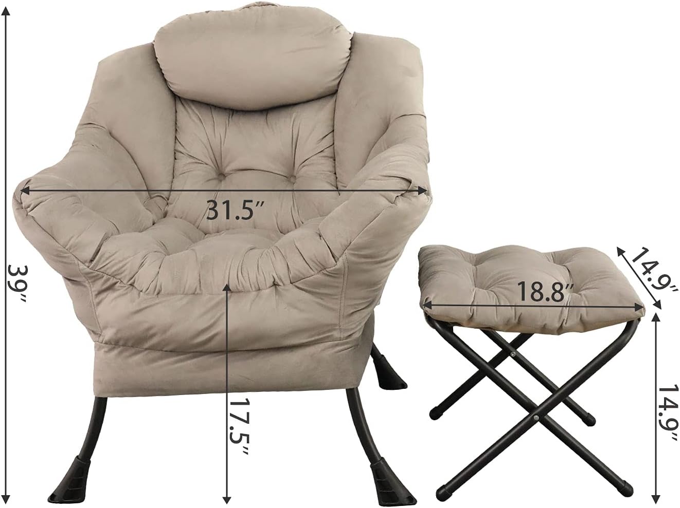 GOLDSUN Accent Chair Lazy Reclining Armchair with Removable Metal Legs and Side Pocket, Comfy Upholstered Single Sofa Chair for Living Room, Bedroom, Office (Grey with Ottoman) : Home & Kitchen