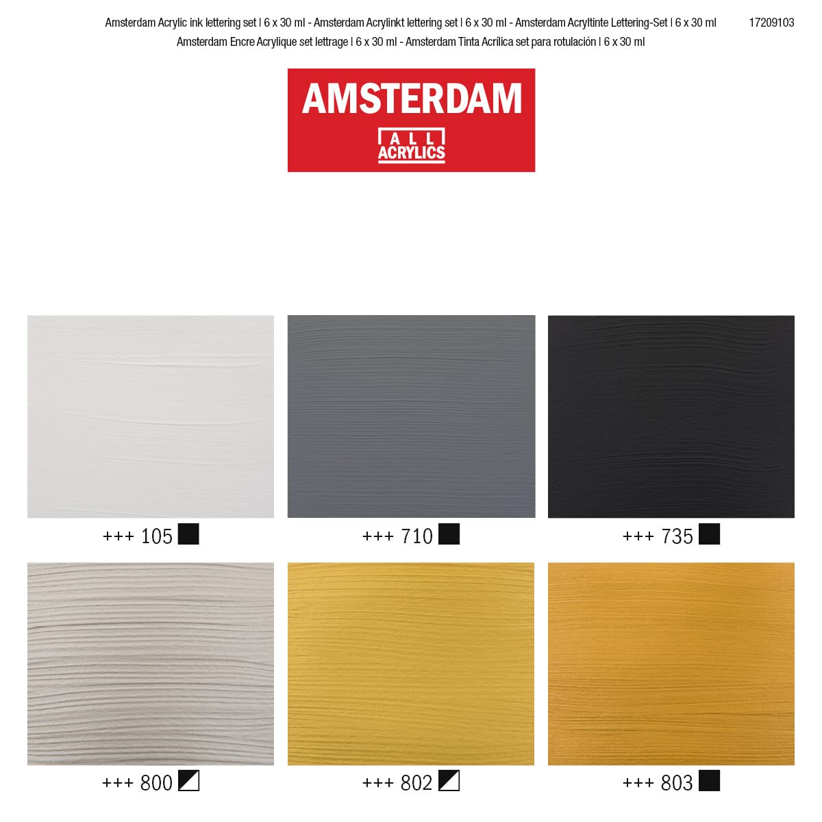 Amsterdam Set d’Encres Acryliques | Set Lettrage (6 x 30 ml) | Noir, Blanc & Couleurs Métalliques | Peinture Acrylique Fluide