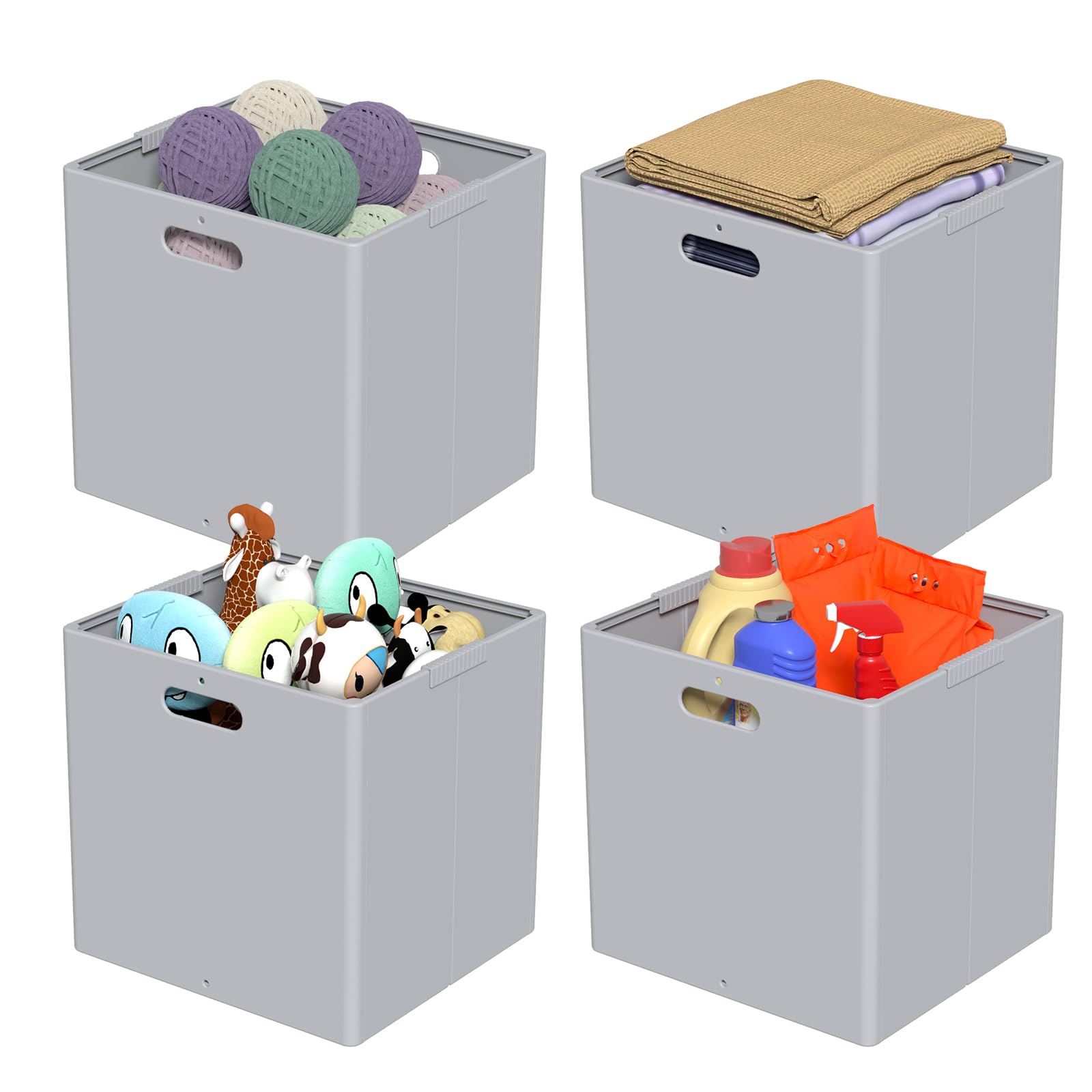 Xeabia Plastic Cube Storage Boxes, Foldable Organizer Cube Bin, Grey, 4 Packs