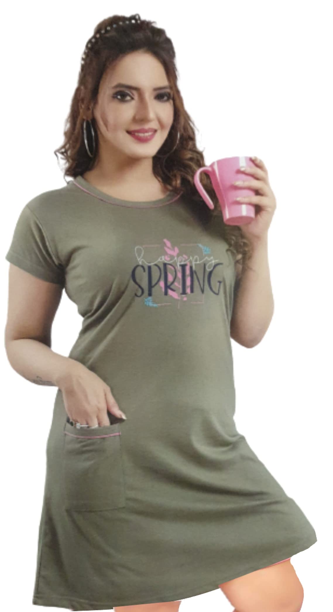 Tuck N GoWomen's Cotton Nightgown Sleepwear Knee Length Short Sleeves Shirt Casual Print Sleepdress with Pocket | Soft Sleepshirt for Ladies & Girls Khaki