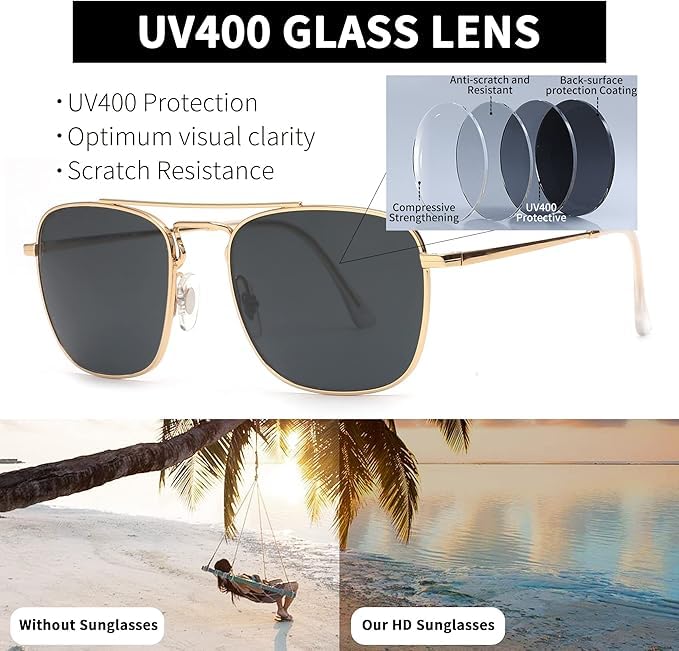 Image of JIM HALO Retro Square Aviator Sunglasses Premium Glass Lens Flat Metal Eyewear Men Women